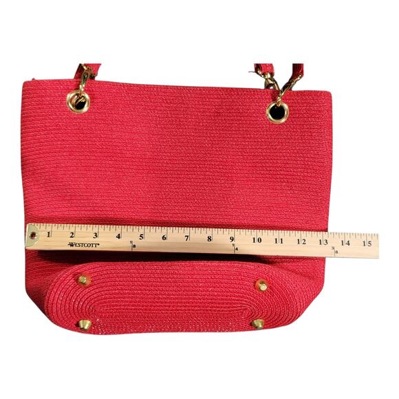 Red Woven Structured Handbag Gold Tone Hardware Top Handle Tote Studded Purse - Picture 9 of 12